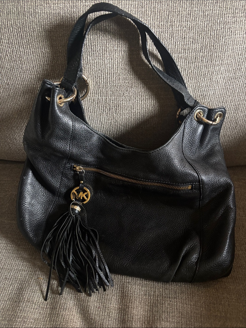 Michael Kors Black Leather Shoulder Bag with Tassel Charm